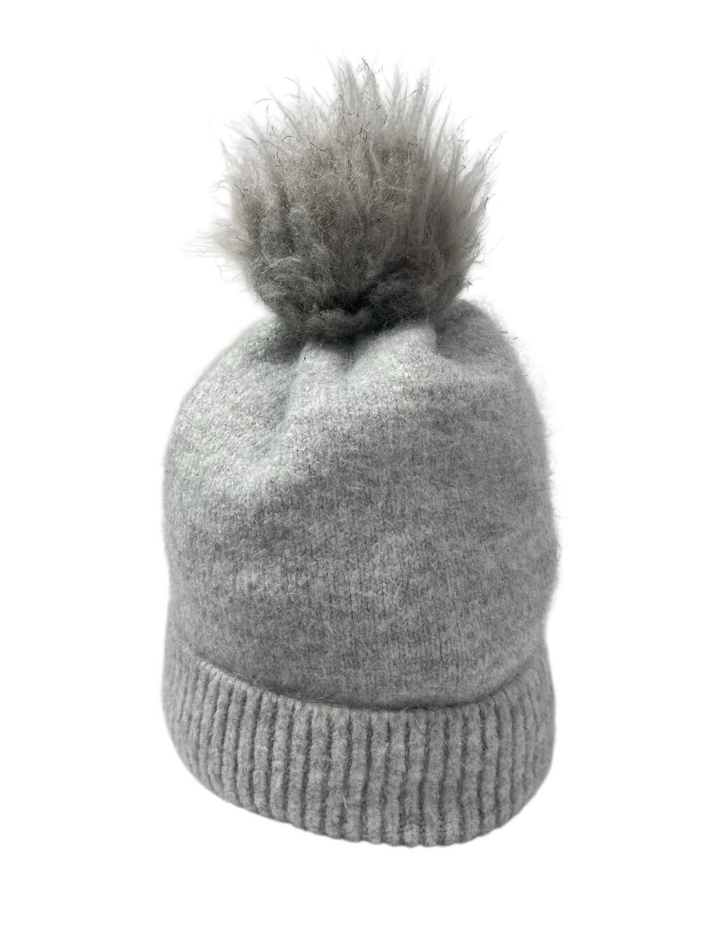 Joy Susan Women's Gray Knit Fleece Lined Ribbed Cuffed Pom Pom Beanie Hat OS